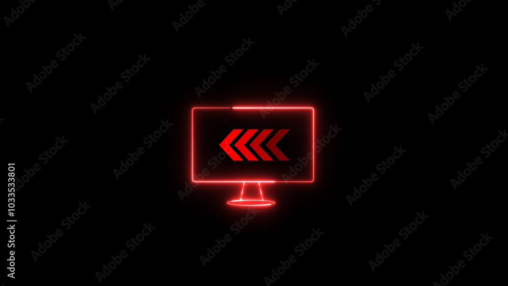 Poster neon monitor with arrow pointing right to left direction on black background.