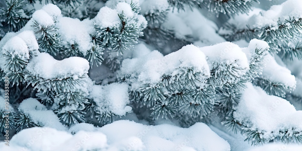 Poster Branches of a coniferous tree are laden with soft snow.