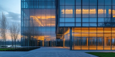 Architectural features of a contemporary office building featuring reflections.