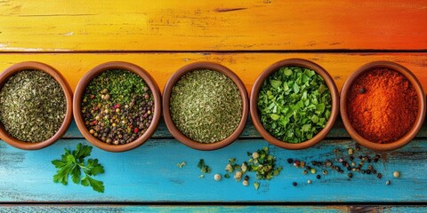 Arrangement of bowls filled with fresh spices and herbs on a colorful wooden background.