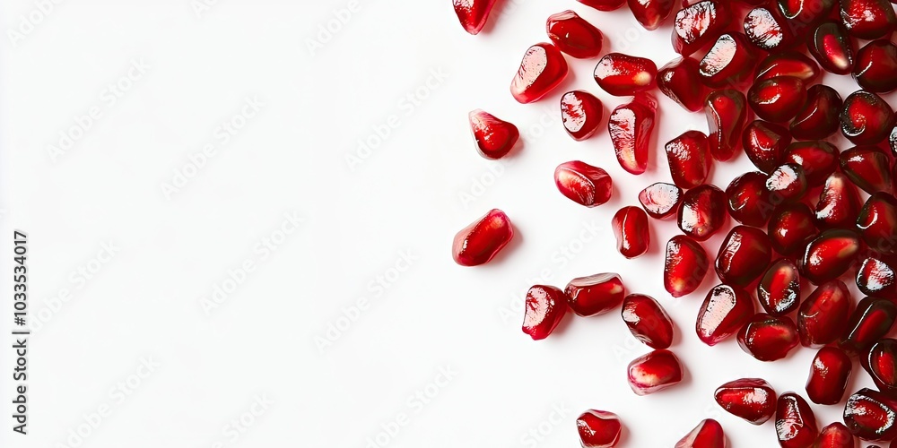 Poster background featuring red pomegranate seeds. the dispersed red grains of a pomegranate are set agains
