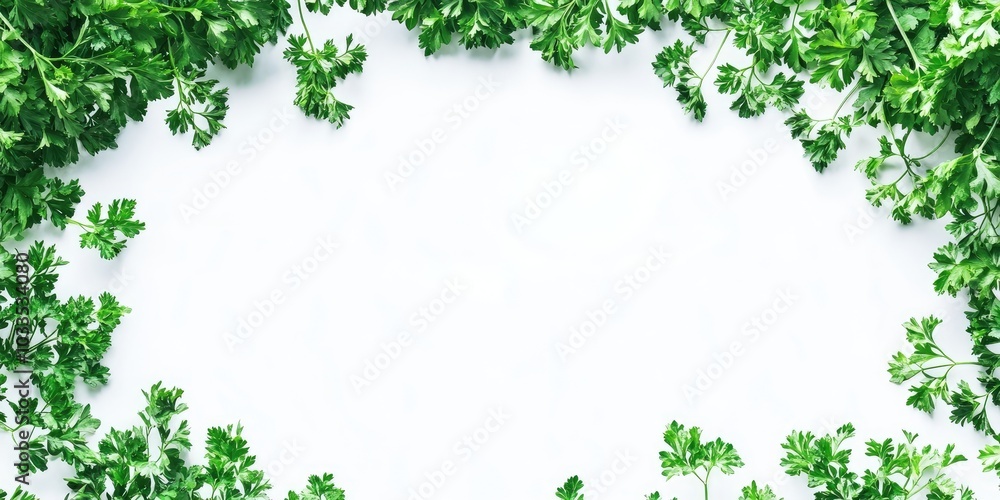 Aufkleber greenery. curled parsley sprigs on a white background. macro image. long header banner layout. panor