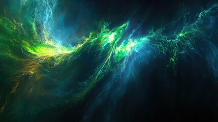 Abstract background with digital art, futuristic design, blue and green colors, glowing lines, fantasy landscape, speed effect, light streaks, glowing elements, energy waves, and ethereal patterns