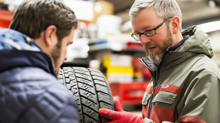 Mechanic holding winter tire and explaining something to customer in garage