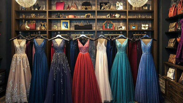 A row of eight sparkly gowns hang in a boutique
