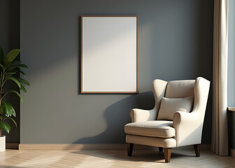 A beige wing chair sits comfortably next to a large mock up poster in front of a rich dark gray wall in this modern living space.
