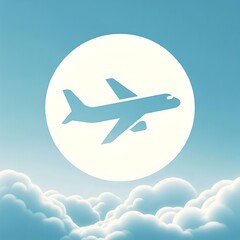 Elegant White Airplane Icon on a Blue Sky Background with Soft Clouds