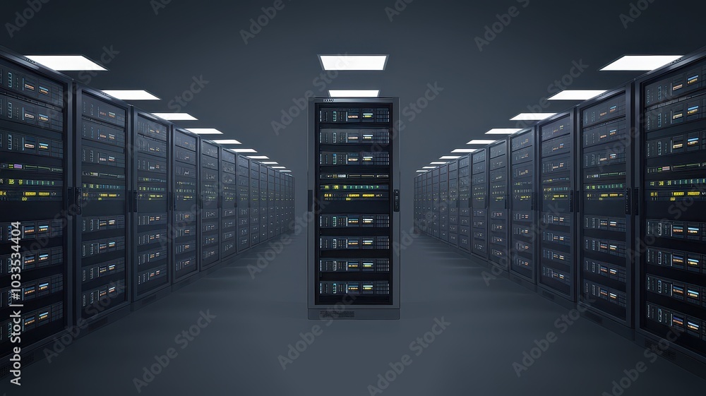 Poster futuristic dark server room interior with rows of network data storage racks and computer equipment