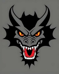 Obraz premium Aggressive black dragon head vector illustration with orange eyes and sharp teeth, fantasy creature mascot design