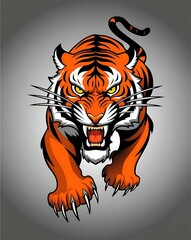 Obraz premium Roaring tiger mascot vector illustration with orange fur and sharp claws, aggressive big cat graphic on gradient background