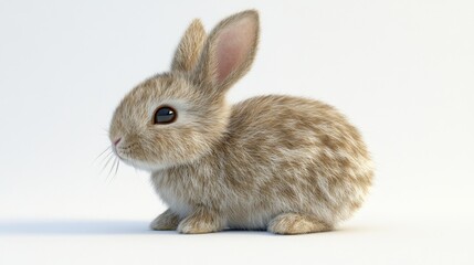 Obraz premium A small brown rabbit sits on a white background, looking to the side with its ears perked up.