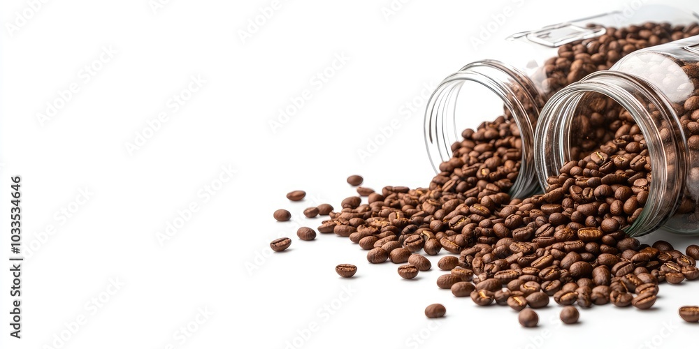 Poster an overturned vintage collection of jars filled with coffee beans on a white background with copyspa