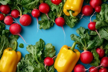 Fresh Radishes and Yellow Bell Peppers with Green Leaves on Blue Background