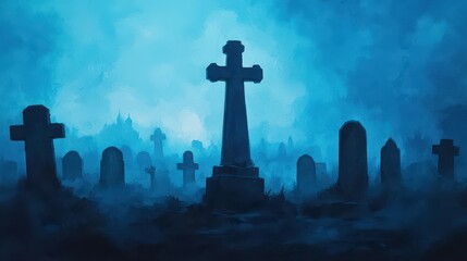 A haunting graveyard scene shrouded in mist, featuring dark silhouettes of tombstones against a blue foggy backdrop.