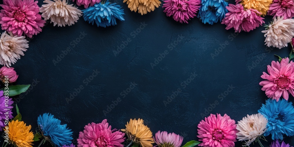 Poster colorful aster flowers creating a frame against a dark backdrop, minimal concept, top view, copyspac