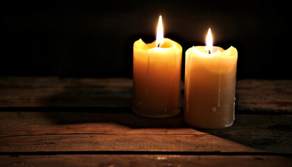 I am burning candles on a wooden table in the dark, close-up, unusual illustration for romantic scenes.