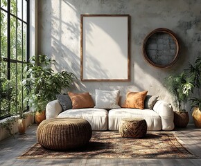 Blank poster mockup in modern living room, perfect for your own designs or logos. free space for editing