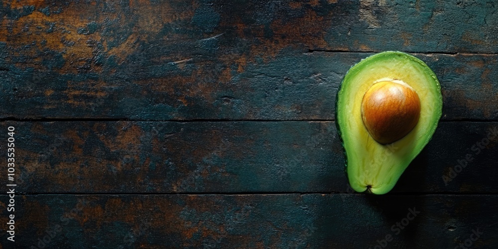 Poster avocado on a dark wood surface. close-up of half an avocado. top view. copy space.