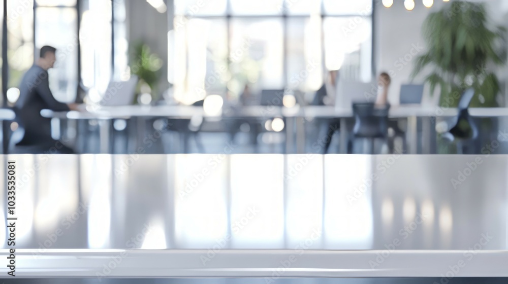 Poster blurred office tabletop. empty office table with blurred background of coworkers, suggesting a colla