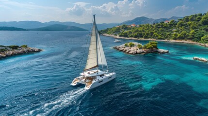 An aerial photo of a catamaran sailing the ocean in croatia, national geographic style, Ai Generative.