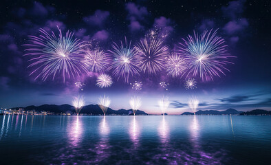 Night waterfront city fireworks celebrate National Day or New Year
