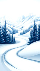 A snowy mountain range with a ski run in the middle. The ski run is surrounded by trees and the mountains are covered in snow. The scene is peaceful and serene