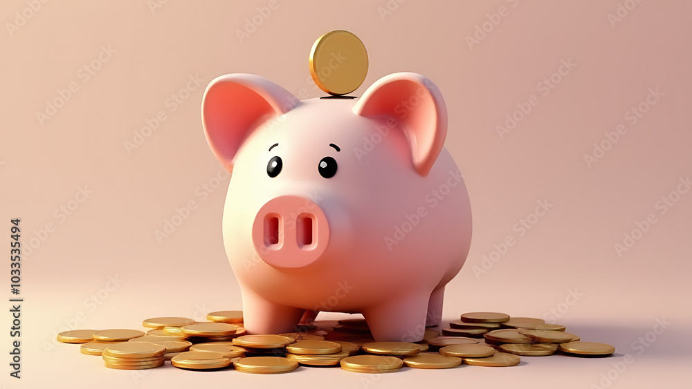 Poster a detailed three dimensional computer generated image of a piggy bank filled with virtual coins is b