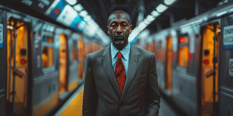 A professional businessman waiting for the subway, embodying the hustle and bustle of city life. This image reflects the modern urban lifestyle and the daily commute of professionals.