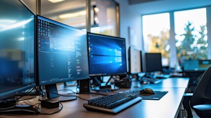 Fototapeta premium Modern Office Workspace with Multiple Monitors and Keyboard