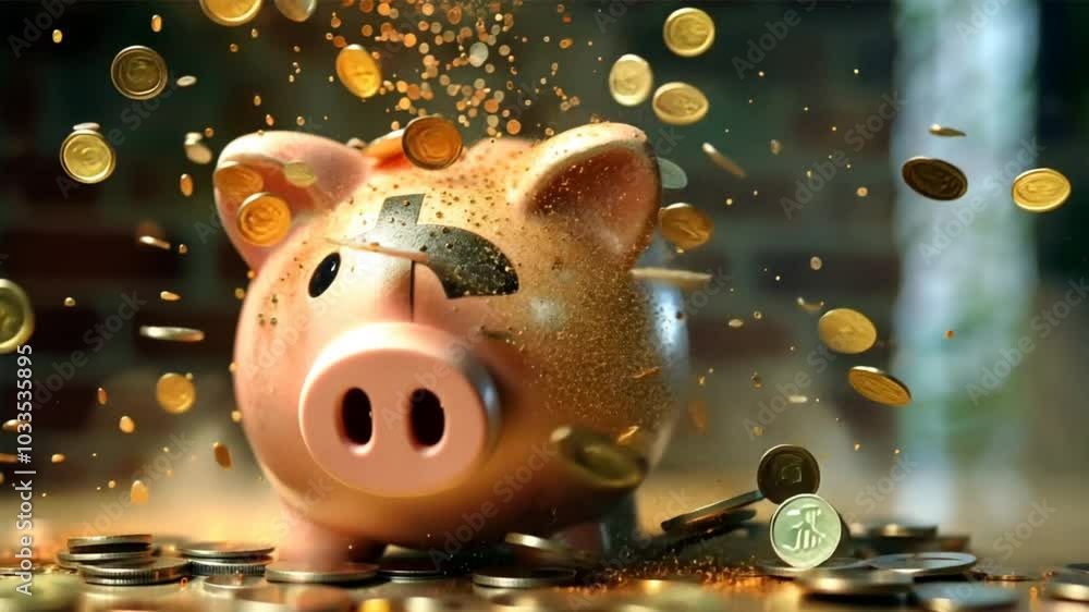 Poster a piggy bank is filled with coins and one of the coins