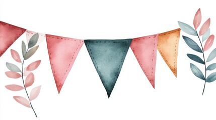 Obraz premium A colorful watercolor bunting with leaves, perfect for celebrations, events, and decorative purposes.