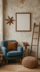 Fototapeta premium Cozy kids room interior with mock up poster frame, plush toys, orange pillow, braided armchair, rattan sideboard, clouds garland, beige wall with stucco and personal accessories. Home decor