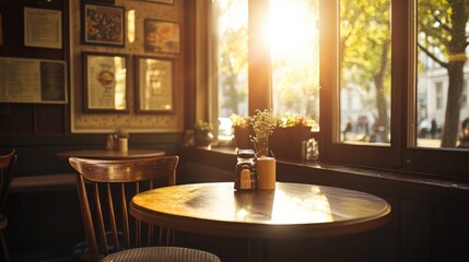 Fototapeta premium Cozy Cafe with Sunlight Streaming Through Windows