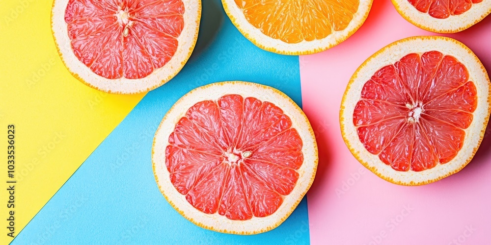 Leinwandbilder fresh grapefruit slices on a colorful background. top view. copy space. a creative summer idea. halv