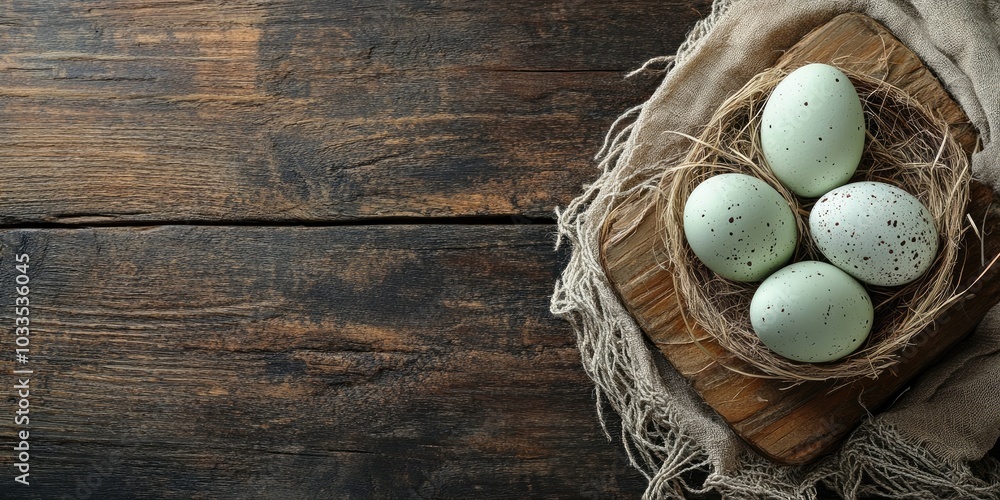 Poster tulis and eggs on a rustic wooden board as an easter card idea with copyspace.