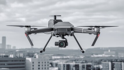 Drone Quadcopter Hovering Above Modern Skyline with Towering Skyscrapers and High Rise Buildings in Urban City Landscape  Aerial Overhead View with Equipment for Aerial Photography