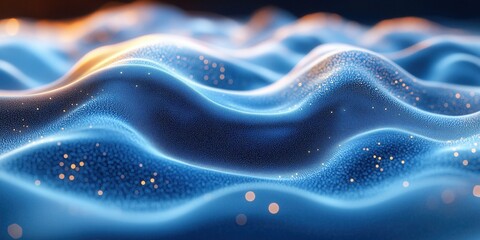 Obraz premium Creative blue digital wallpaper. Waves imitating sound waves with golden luminous particles. Technology, innovation and landing page concept. 3D rendering.