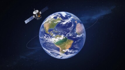 Fototapeta premium Satellite Orbiting the Vibrant Blue and Green Planet Earth in Space Showcasing the Stunning Global Landscape and Atmosphere from a Lofty Vantage Point