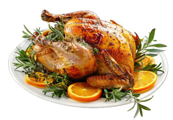A beautifully decorated whole roast chicken on a white plate, isolated against a white background