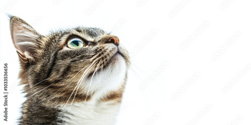 Poster close-up of a curious grey tabby cat gazing up at the copyspace area, set against a white background