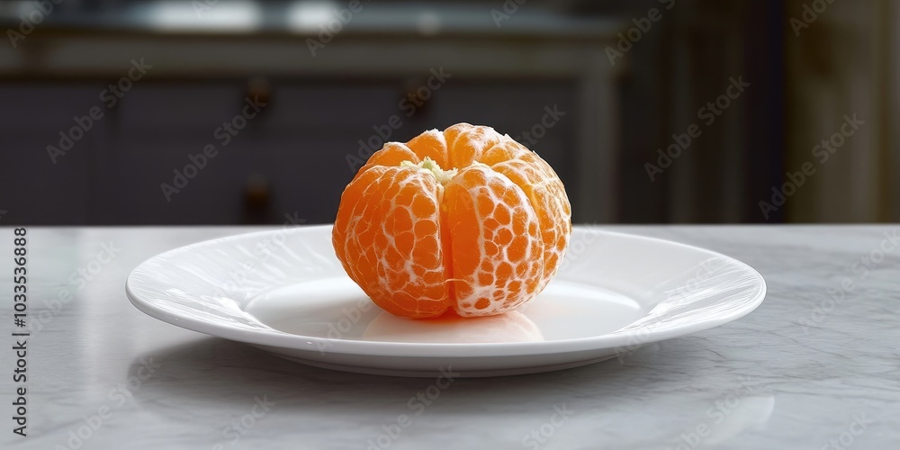Aufkleber clementine with its peeled core on a white plate on a table.