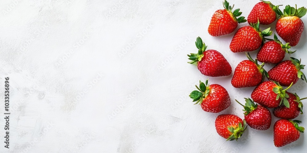 Poster nibbler with fresh strawberries on a white background, top view. room for text.