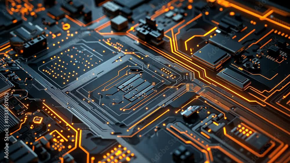 Poster a close-up of a computer circuit board with glowing orange lines