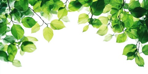 Obraz premium Green leaves isolated on a white background. Close-up nature view with empty space for text. Natural green backdrop.