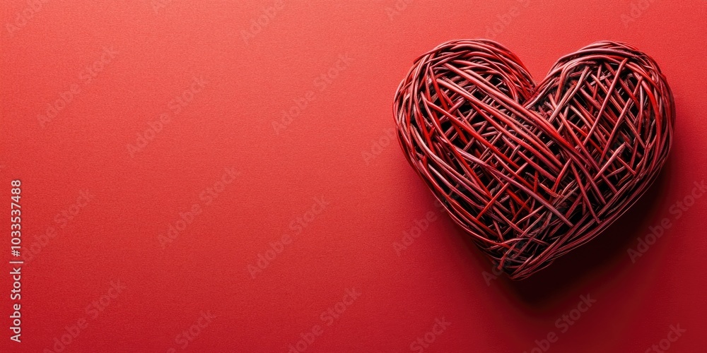 Poster red wicker heart rests on a red paper background. empty copy space for a message. happy valentine's 