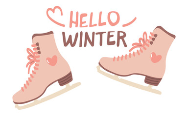 Figure skating skates with Hello Winter lettering, flat design vector, cute pink skates with hearts