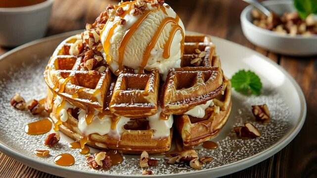 A stack of waffles topped with ice cream, caramel, and pecans on a white plate