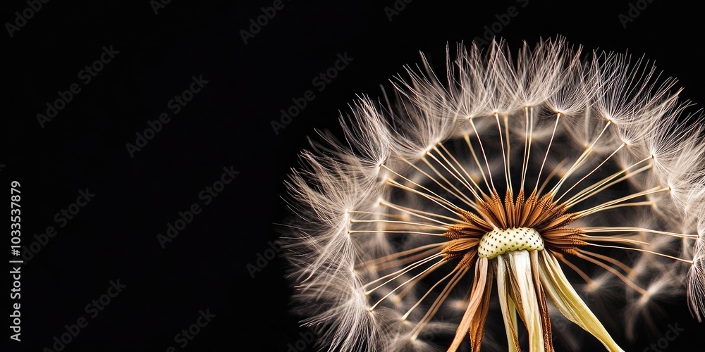 Poster studio macro close-up of a dandelion flower head with seeds against a black background.