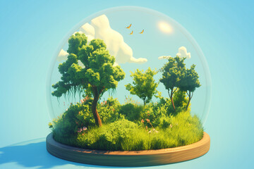 Miniature forest ecosystem thriving under protective glass dome habitat