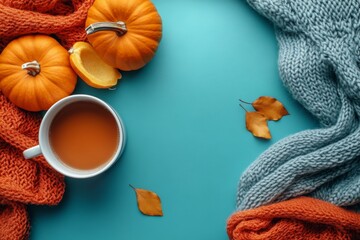 Autumn Cozy Flat Lay with Pumpkin  Tea  and Knit Scarves